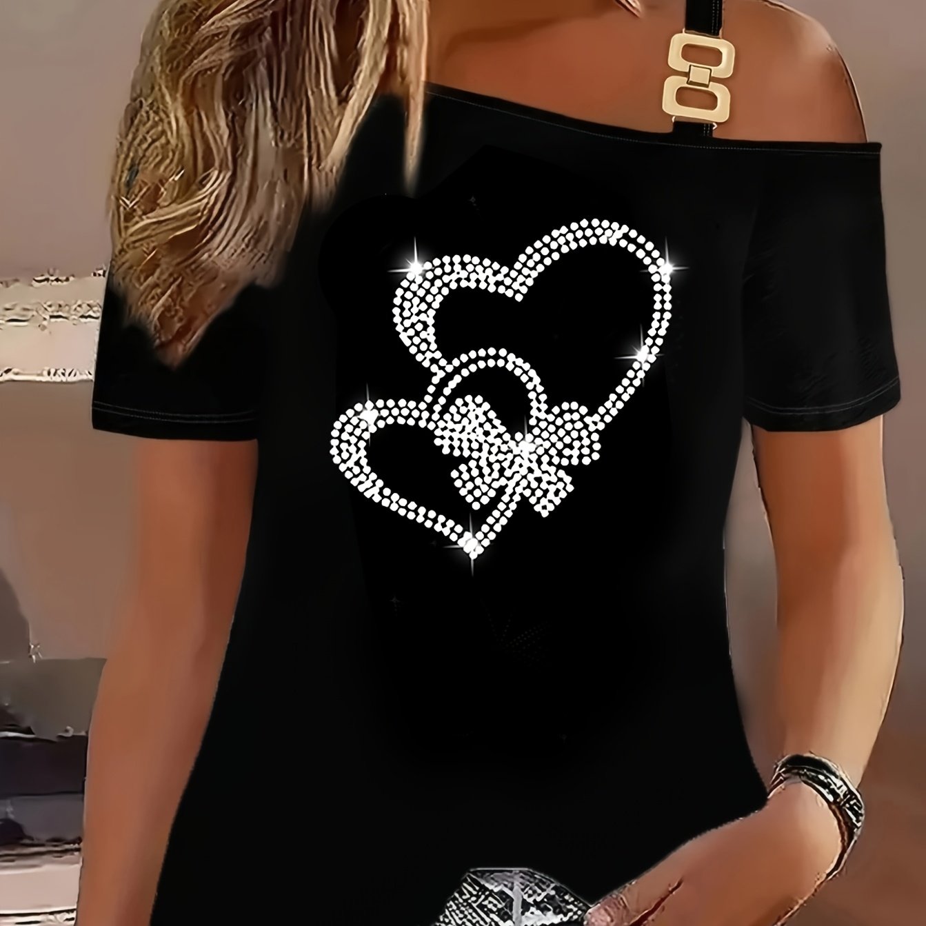 Rhinestone Metal Chain Sling Off-shoulder Short Sleeve T-shirt