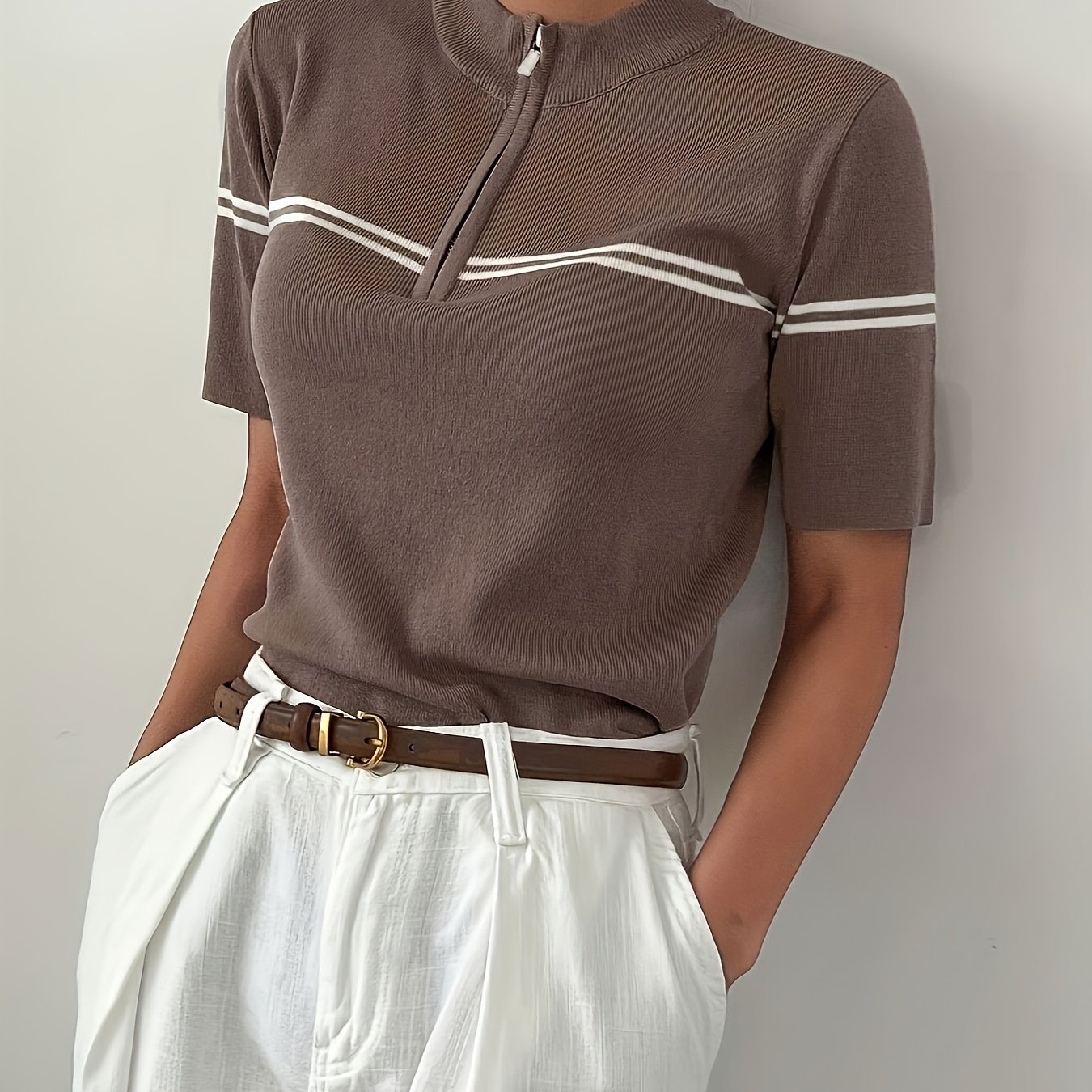 Image of Women's Fall Brown Half-zip Ribbed Top | Orange Stripe Short Sleeve Slim Fit Mock Neck Blouse | Casual Trendy Shirt 2026