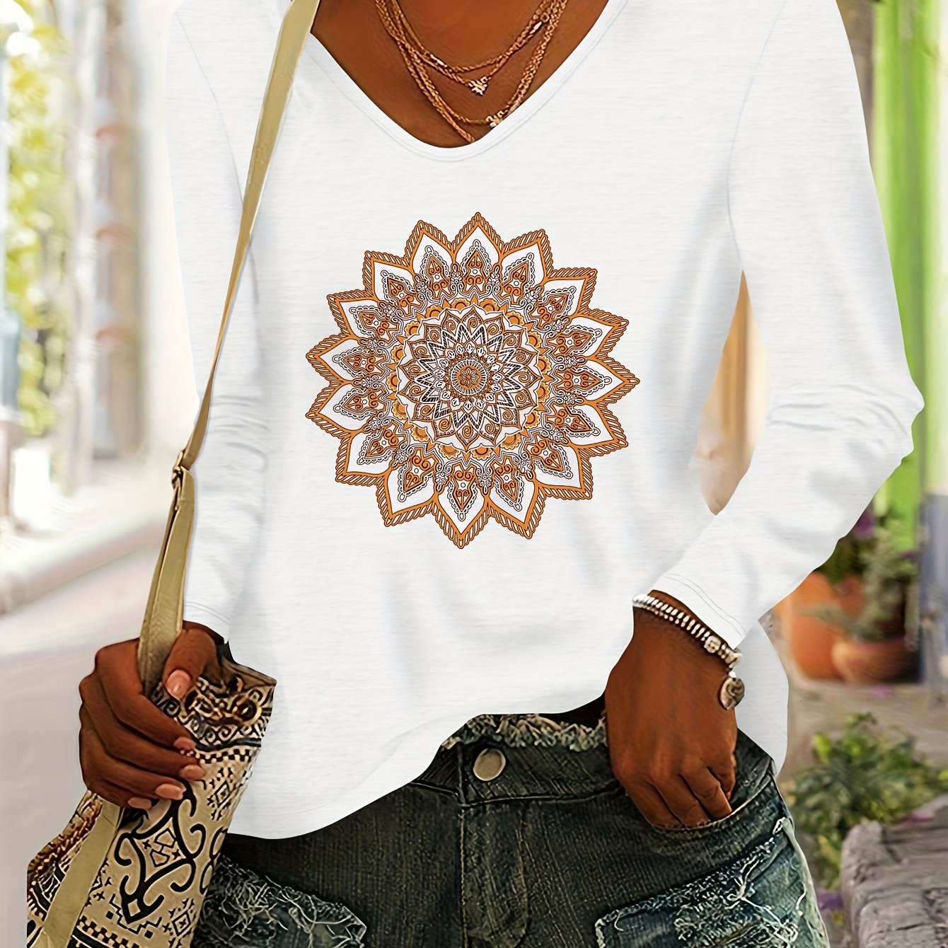 TEMU Top de Otoño e Invierno para Mujer con Estampado, Elegante y Versátil, Fácil e , Camiseta Colorida de Larga con Cuello en V