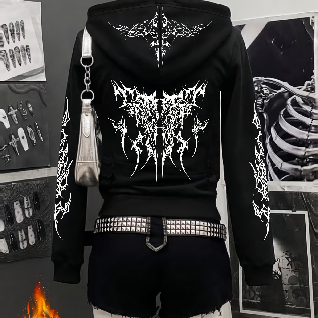 TEMU Autumn/winter Y2k Gothic Print Trendy New Zipper Design Thick Heavyweight Fleece Lined Black Hooded Zipper Jacket Black Cardigan Casual And