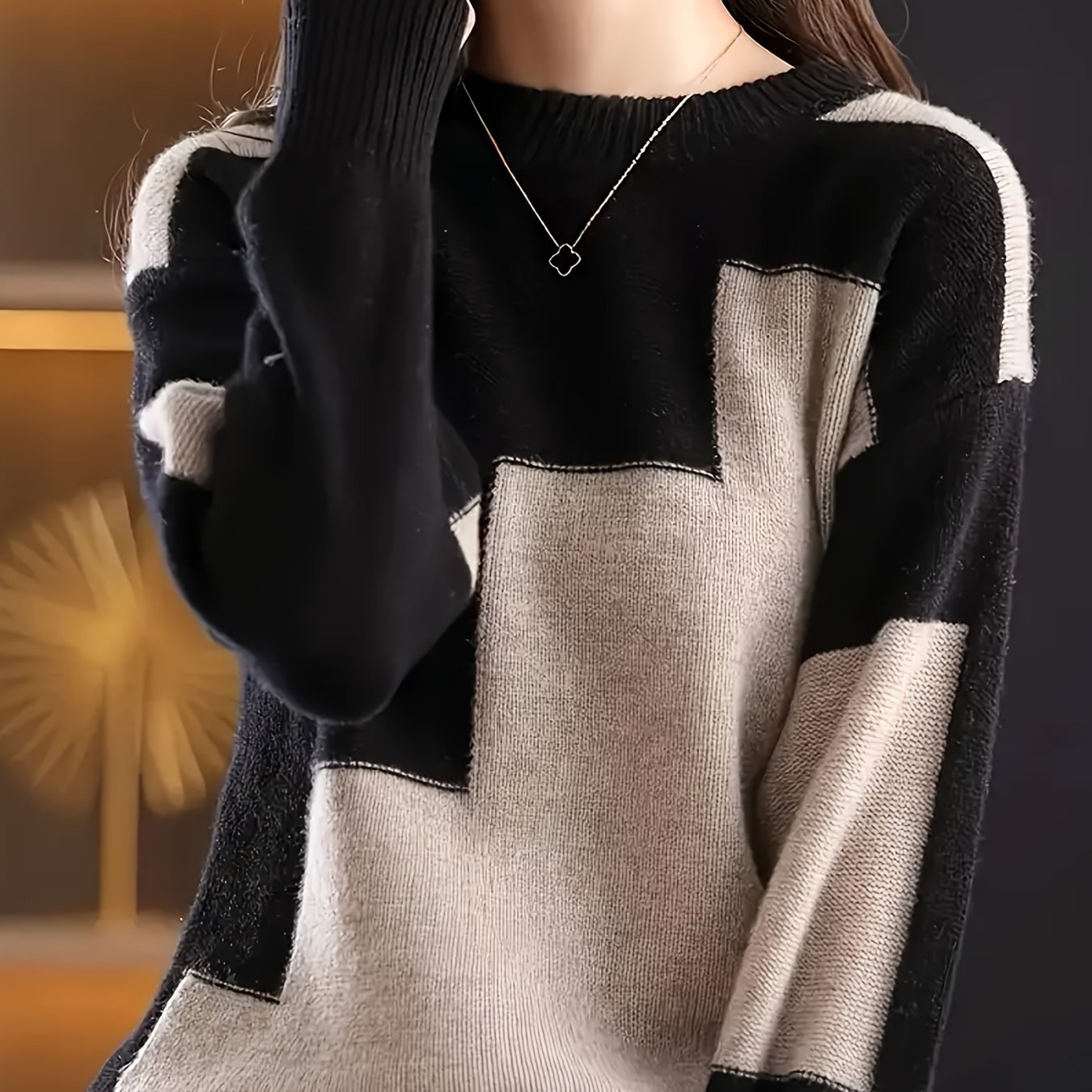 TEMU New Women's Round Neck Color Block Pullover Sweater, Loose Simple Versatile Round Neck Long Sleeve Sweater, Women's Sweater, Women's Top