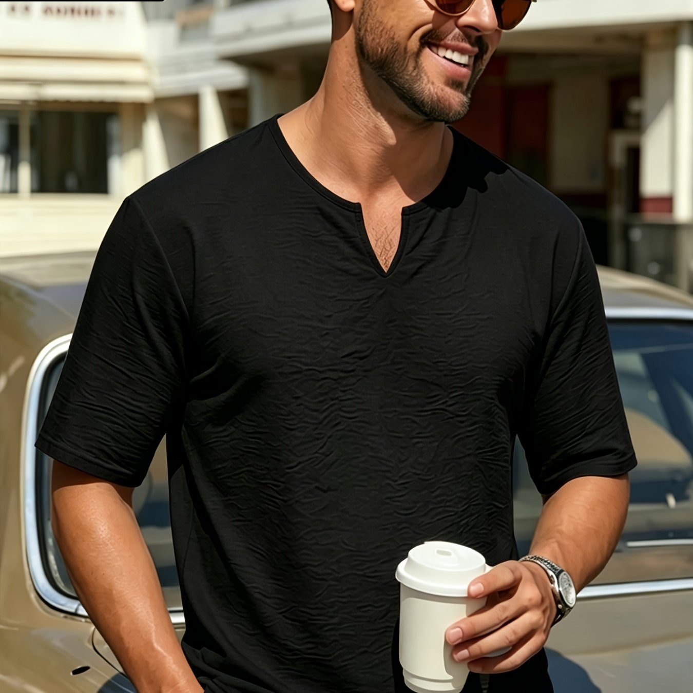 TEMU Summer Plus Size Men's V-neck T-shirt Men's Henley Shirt. Plus Size Loose Comfortable Breathable Top. Summer Easy Style Versatile Non-picky.
