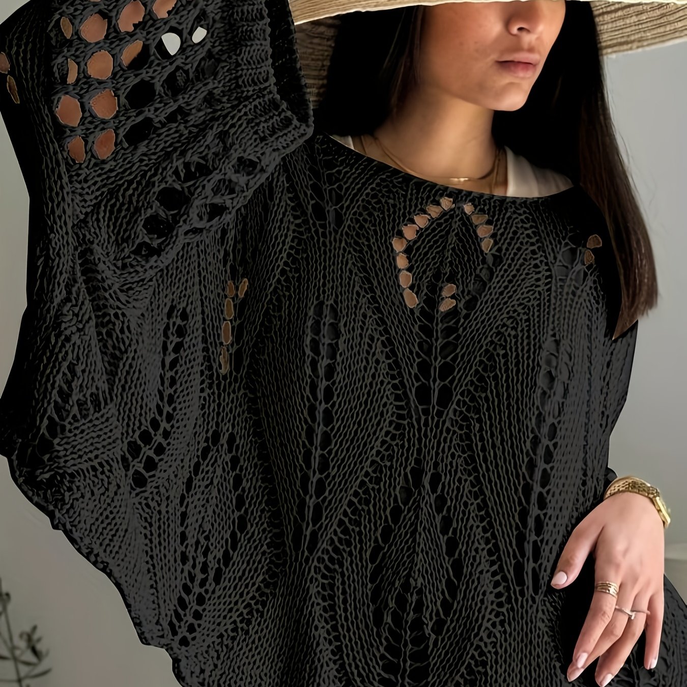 E-shop Plus Size - Plus Size - Lässiges, durchbrochenes Cover-Up Oberteil mit 3/4-Ärmeln im stylischen Look, Plus Size Pullover, lockeres