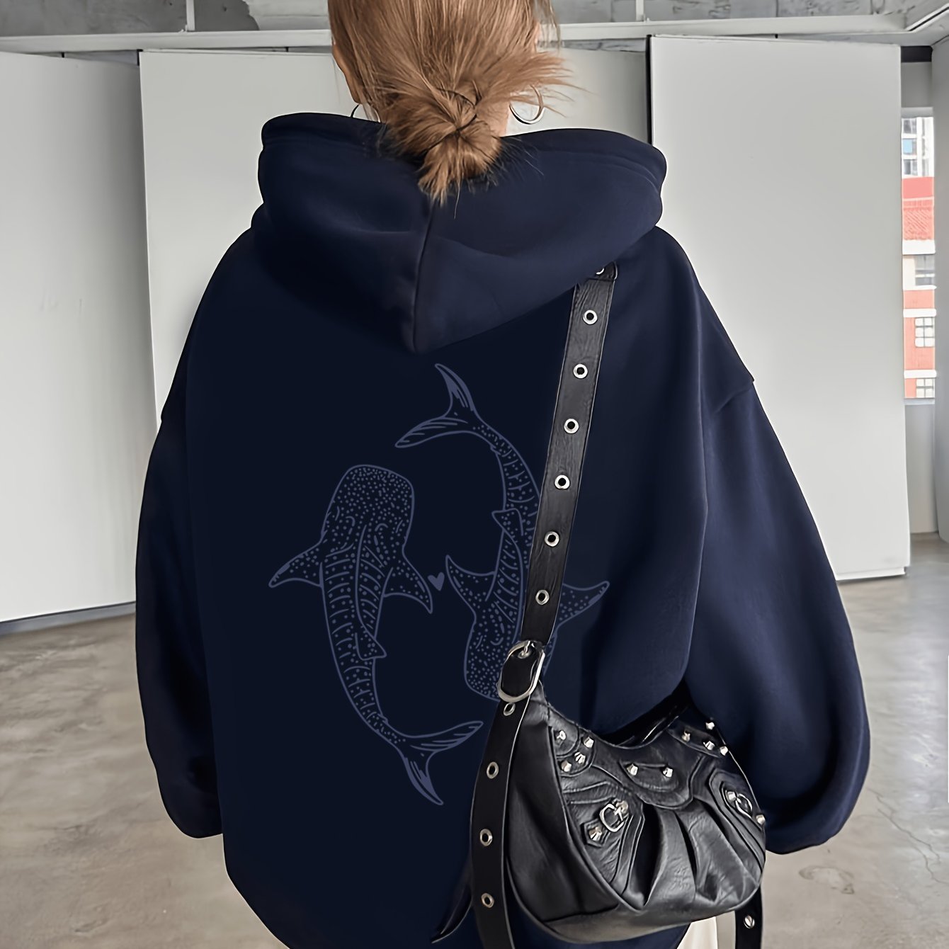 TEMU Women's Western Retro Easy Literary Style Hoodie - Whale Shark Print, Hooded Autumn/winter Top With Kangaroo Pocket And Drawstring, Casual Wear,