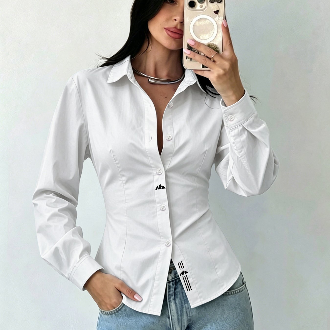 TEMU Women's Shirt Beautiful Print Spring Summer Autumn Long Sleeve Printed Classic Lapel Button-up Blouse Tie-front Top For Office, White Collar,