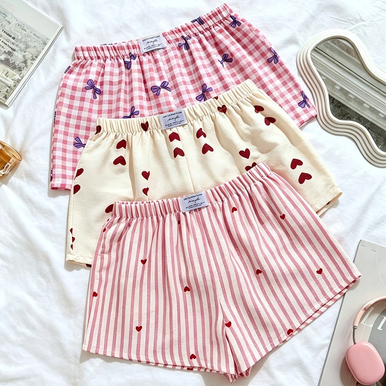 TEMU Three-pack Shorts Set: Heart Stripe Bow Shorts