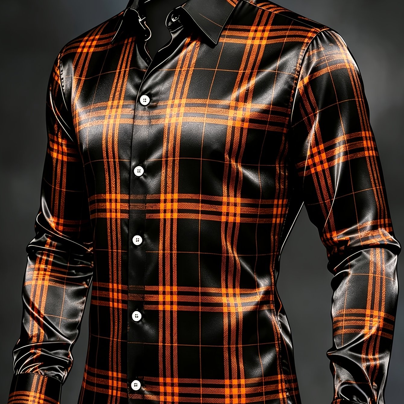 Image of Men's Orange Checker Print Slim Long Sleeve Shirt Top