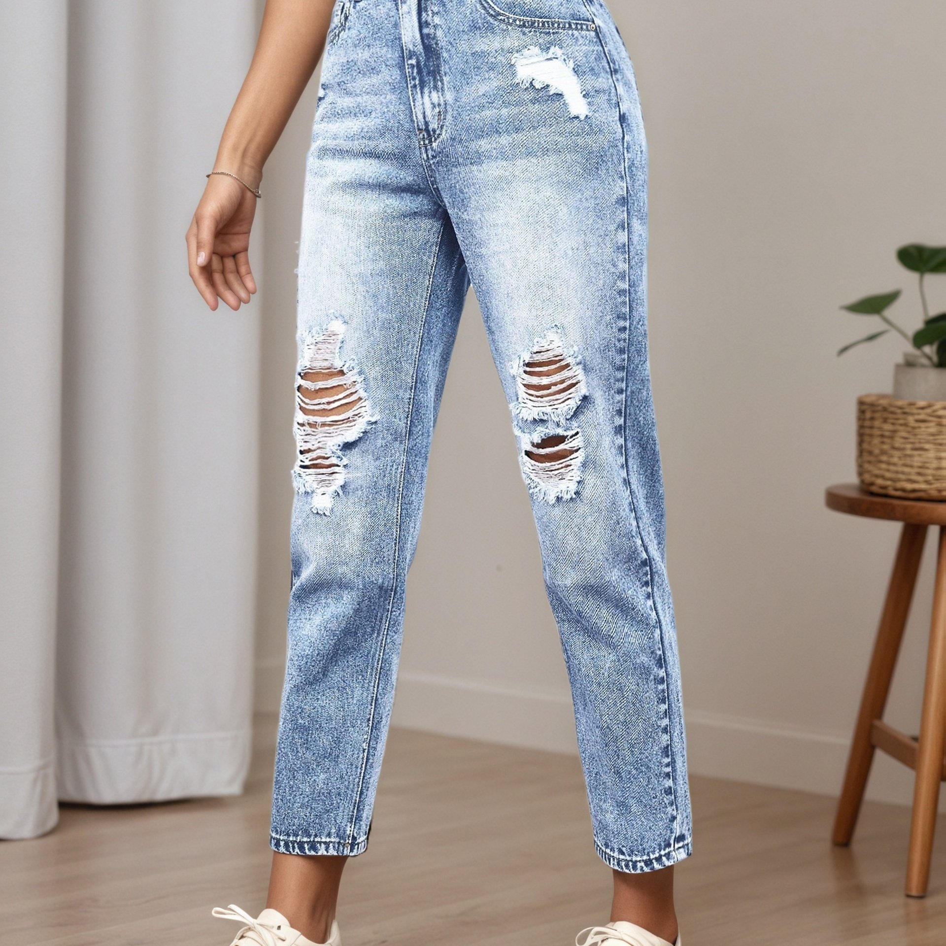Women's Ripped Slim-fit Jeans, Casual Jeans