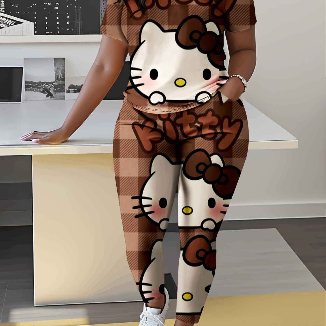 TEMU Short Sleeve Long Pants Set Brown Hello Kitty Print And Text Full Print