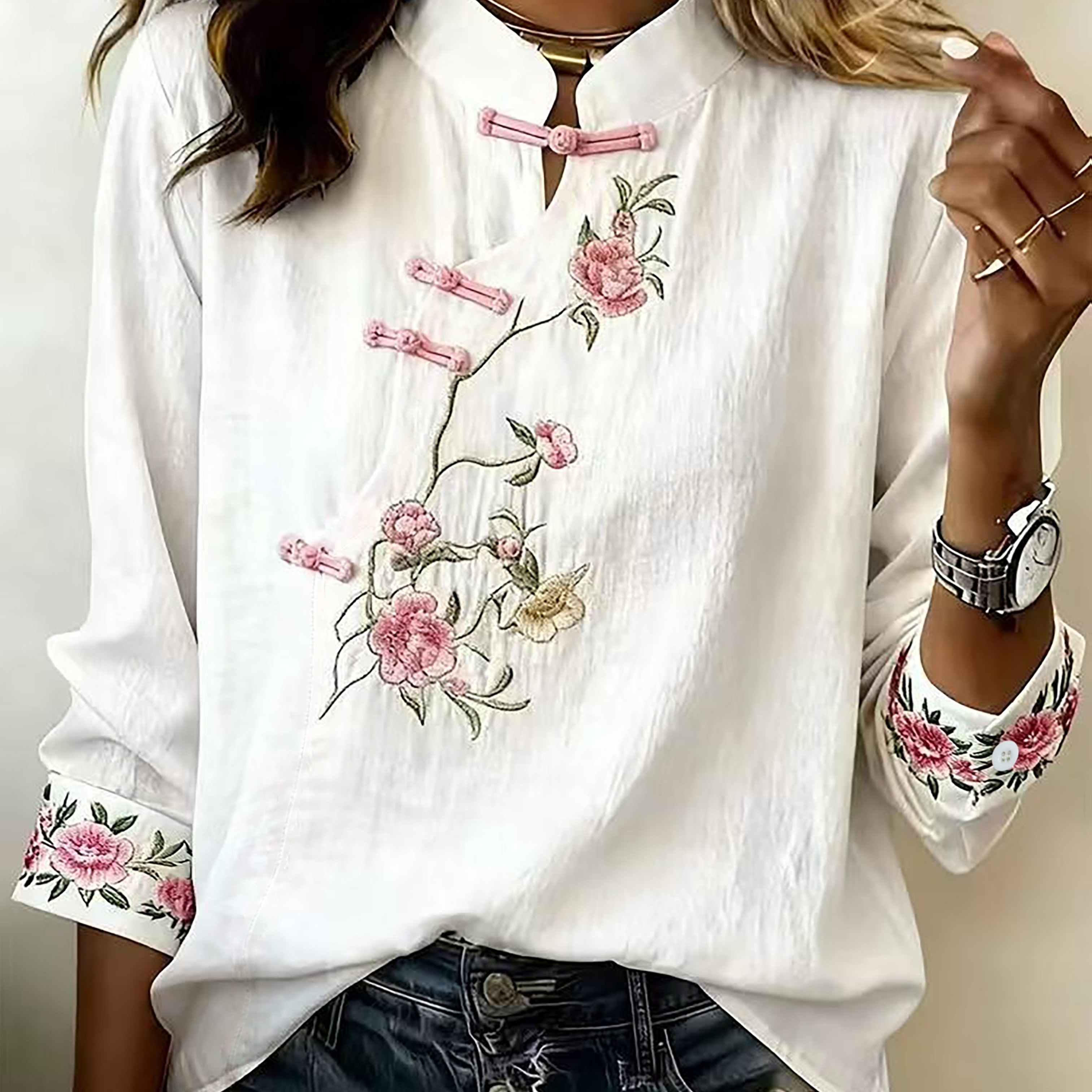 TEMU Chemise pour femme de style chinois nouveau avec décoration florale sur la patte de boutonnage , col , petit col , coupe , manches -, pour les