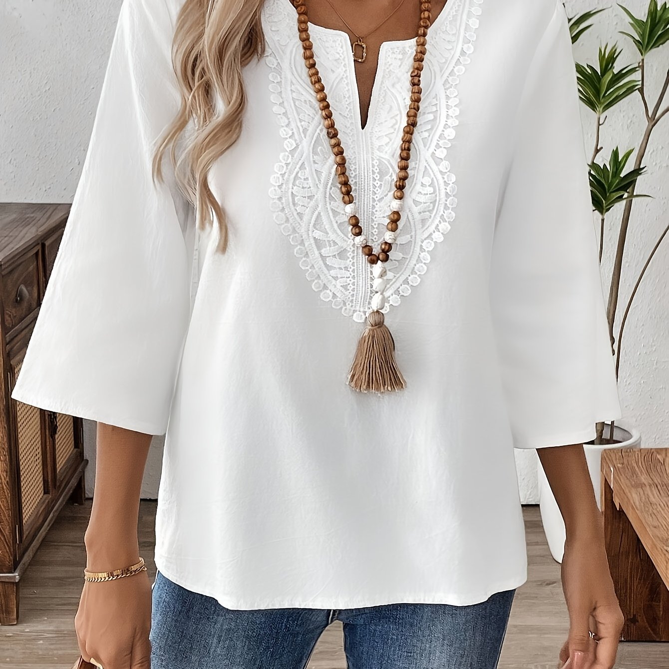 TEMU Women' Color V-neck Vacation Casual Shirt, Three-quarter Sleeve Top