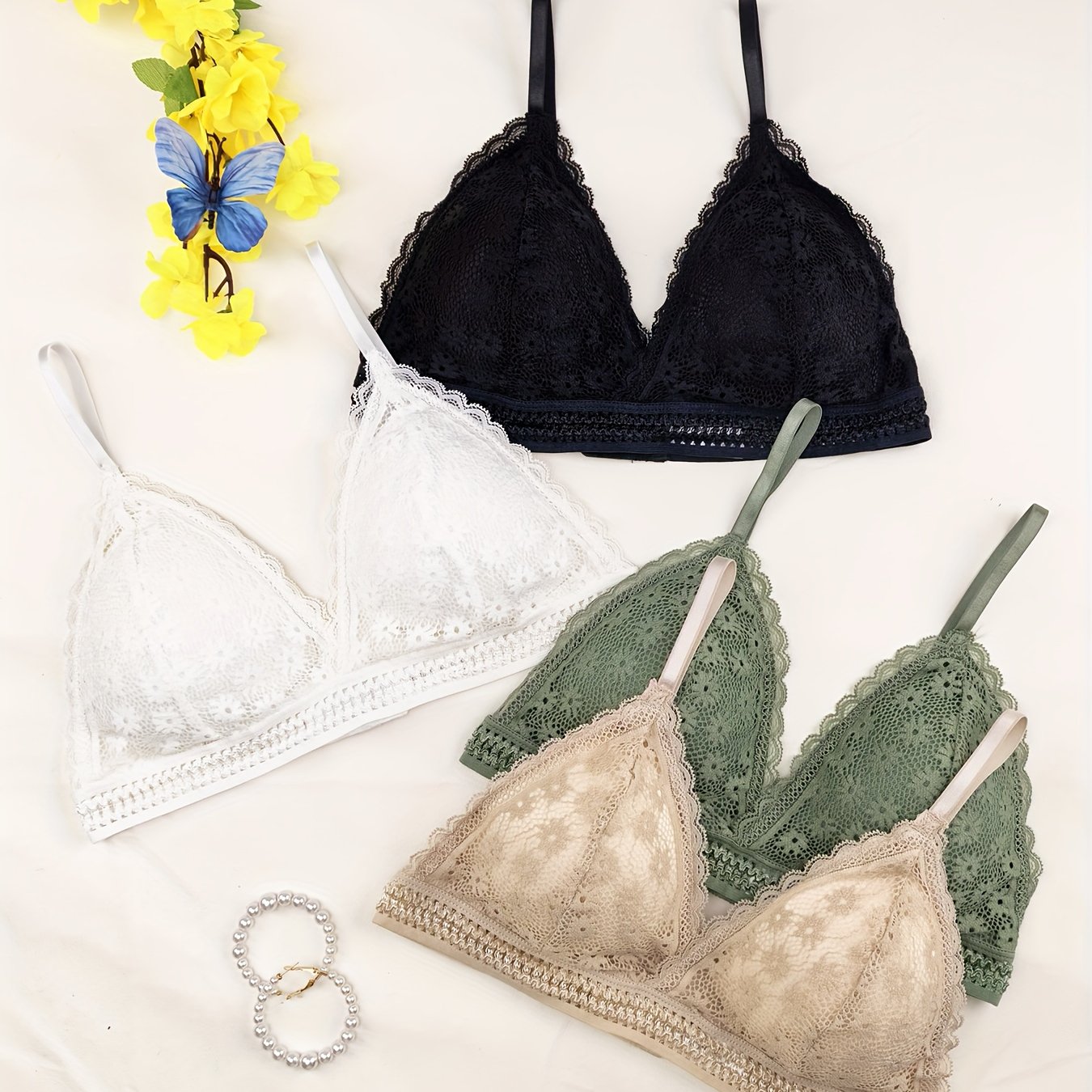 Image of 4pcs Women's Elegant And Comfortable Bras - Soft Removable Padding, Wire-, Breathable Lace Vests, Casual Daily Wear, Hand-washable Opaque Tops, Suitable For Home And Special Occasions