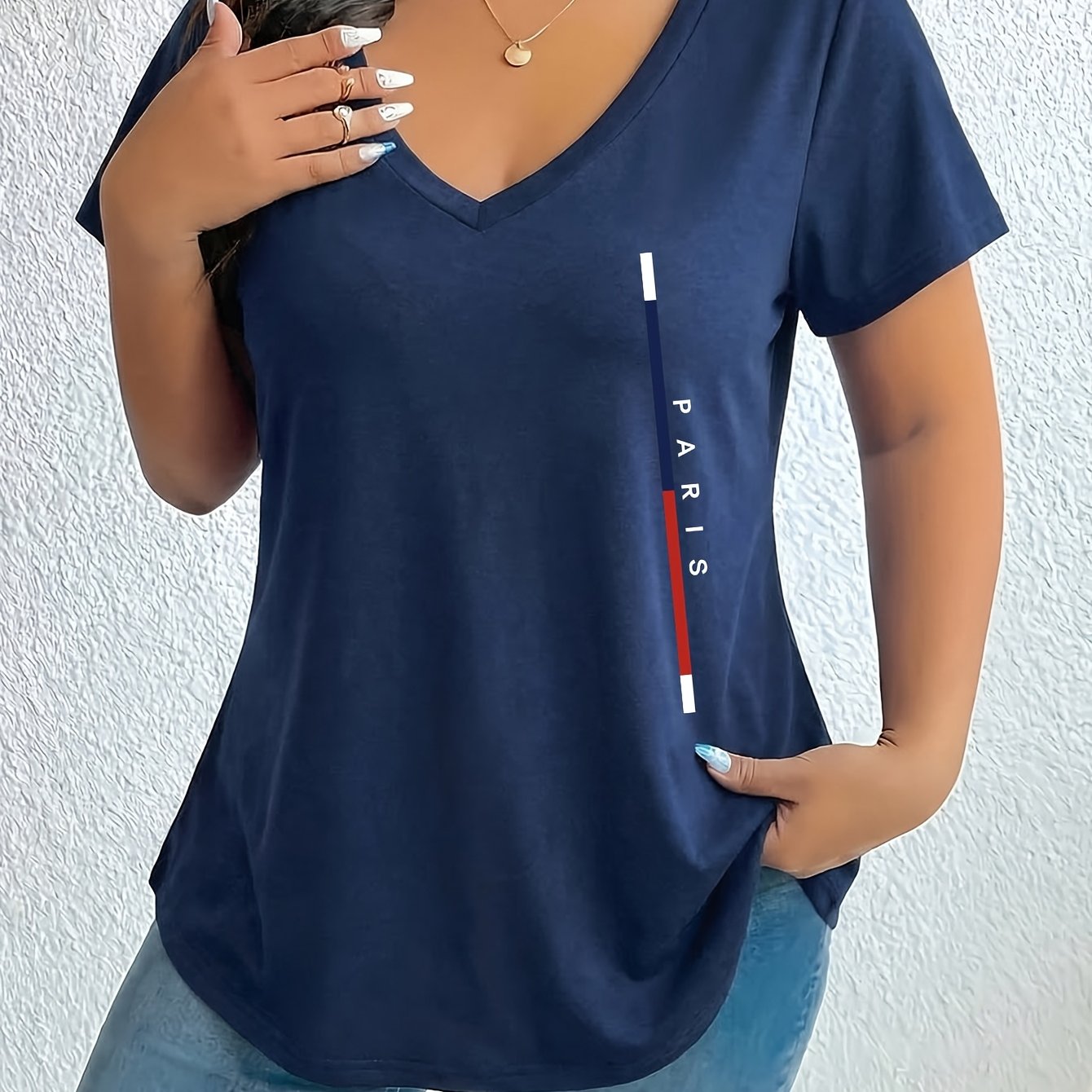 TEMU Plus Size Women's V-neck Geometric Pattern T-shirt | Elegant, Stretch Fabric, Ideal For Spring/summer