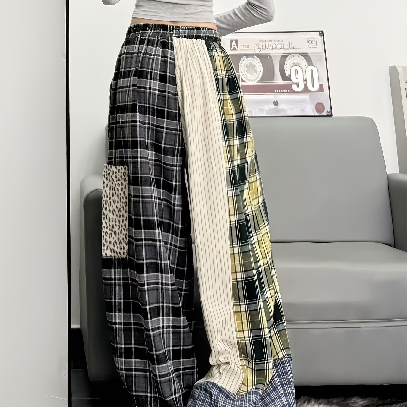 TEMU 【レディース】おしゃれなチェック柄パッチワーク ワイドレッグパンツ 春秋のトレンドカジュアルデザイン