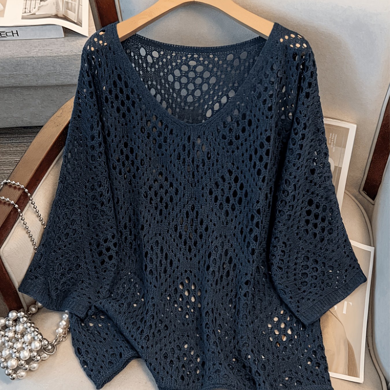 TEMU Plus Size, Plus-size Women's Casual Loose-fitting Versatile Three-quarter Sleeve Openwork Spring/summer Sweater Top