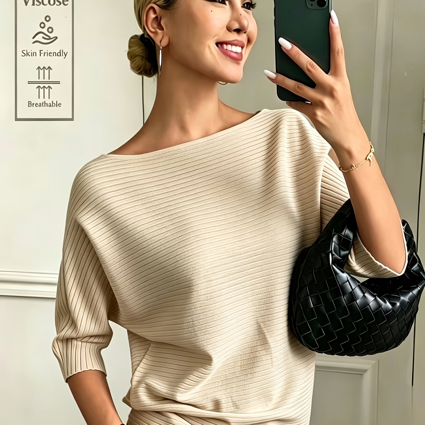 TEMU Women's Elegant Off-shoulder Solid Batwing Short-sleeve Sweater, Soft Half-sleeve Top For Daily Casual And Party Wear