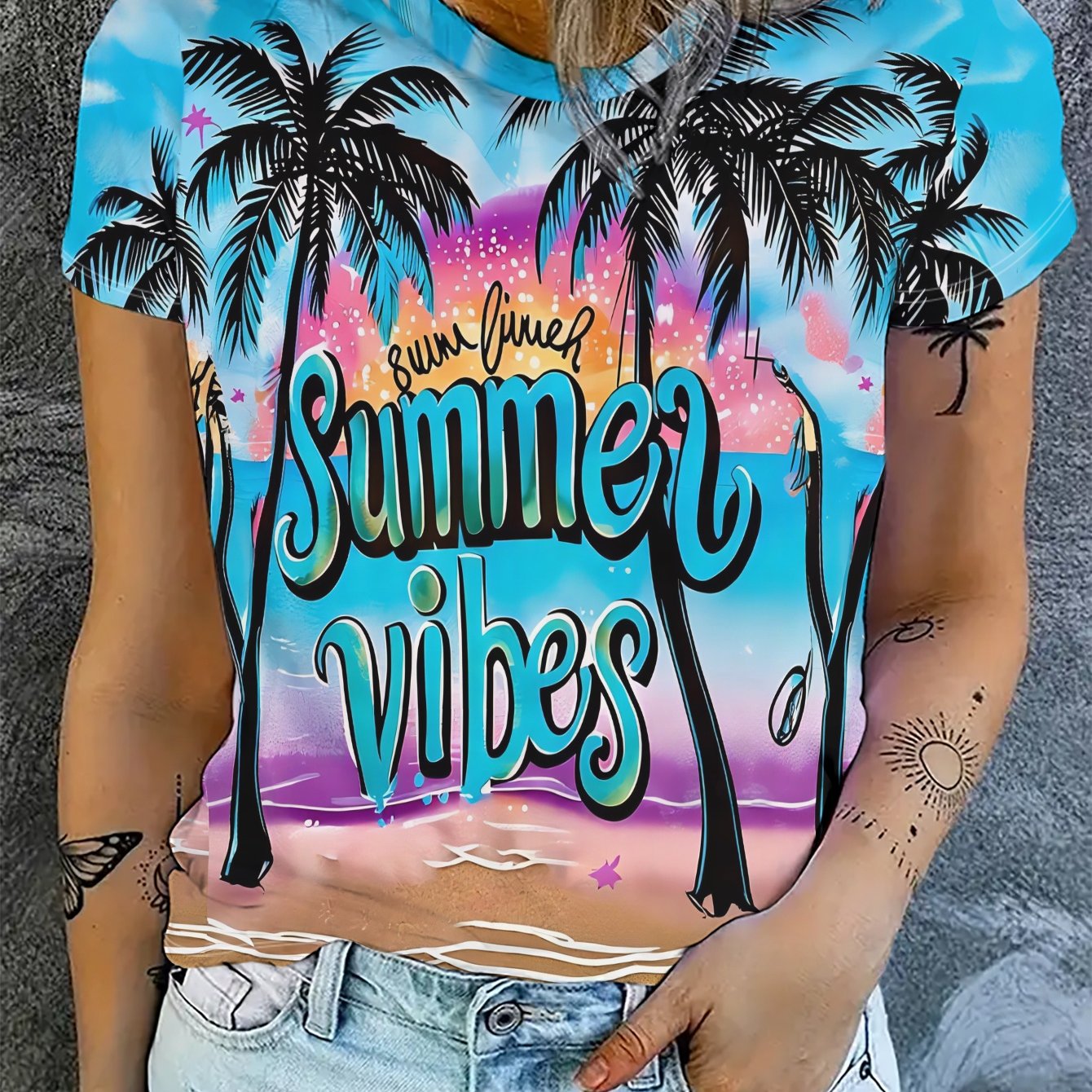 TEMU Women's Full-body Palm Tree Print Short-sleeve T-shirt - Coconut Tree Summer Beachwear, Casual Hawaiian Vacation Outfit, Machine Washable Opaque