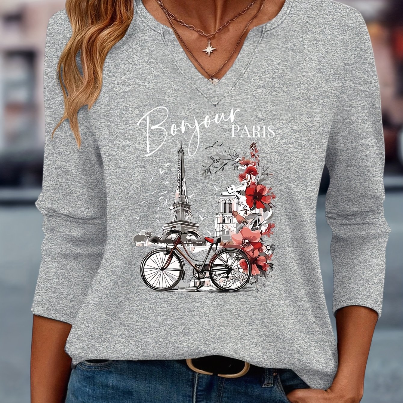 E-shop Damen T-Shirt mit Eiffelturm-Muster, Fahrrad- Blumendruck, Alltagstaugliches, einfaches, bequemes Freizeit-T-Shirt mit V-Ausschnitt