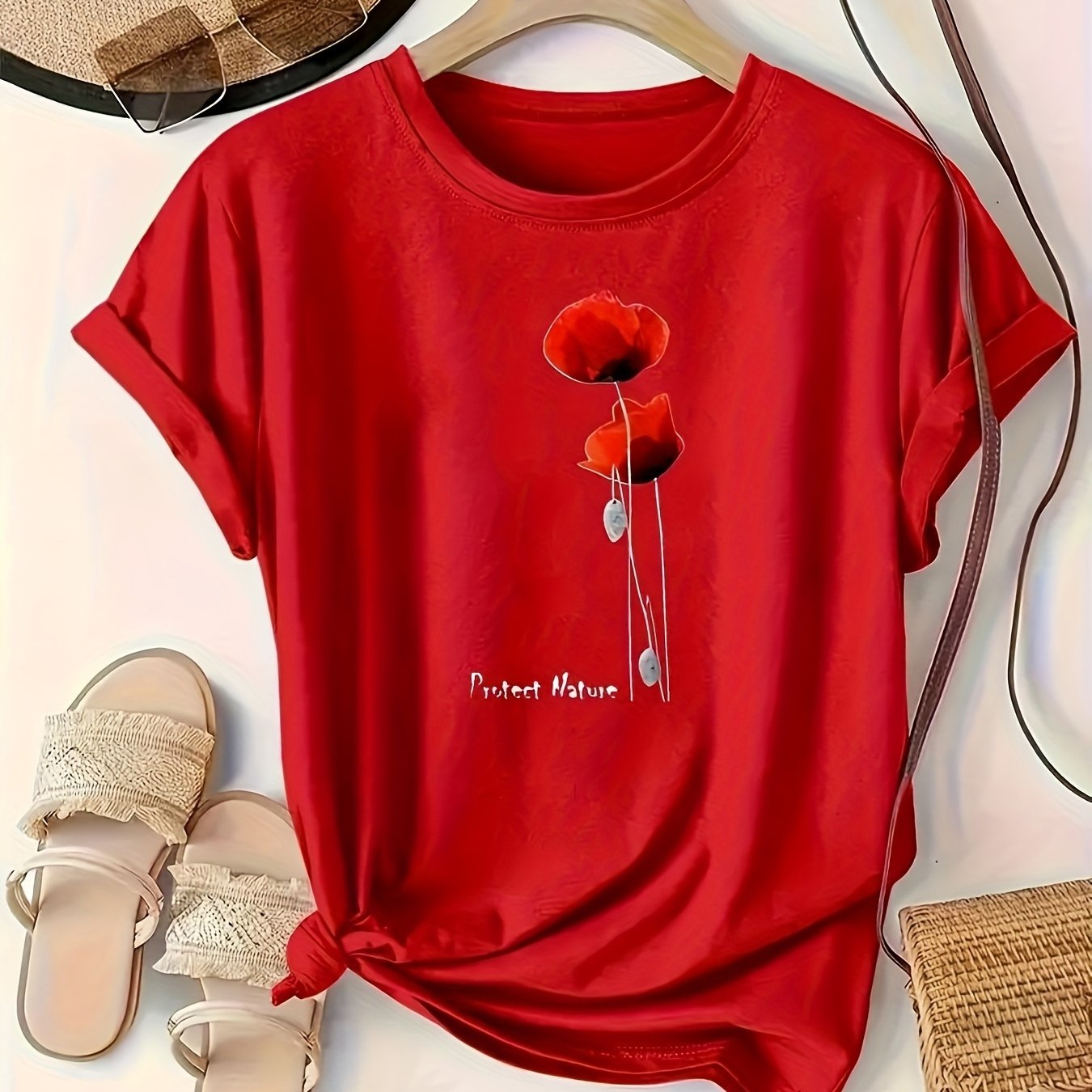 Plus Size, Women's Casual Short-sleeve T-shirt With Floral Pattern Print
