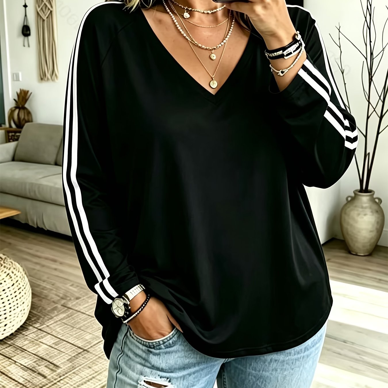 TEMU Talla grande, camiseta de larga de cuello extragrande para mujer - Color liso, adecuada para exteriores, talla S, y ropa casual, de tallas