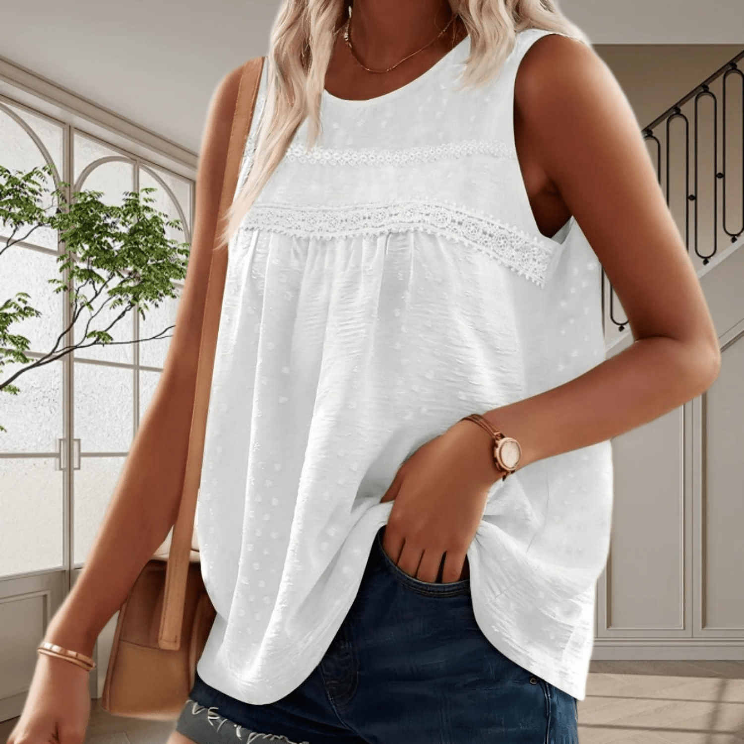 Image of Women's Dot Blouse Camisole Tank Top - Dot Lace Trim Sleeveless Shirt, Loose Neck Solid Color Blouse Suitable For Spring Summer Beachwear, Casual Layering & Everyday Outfits