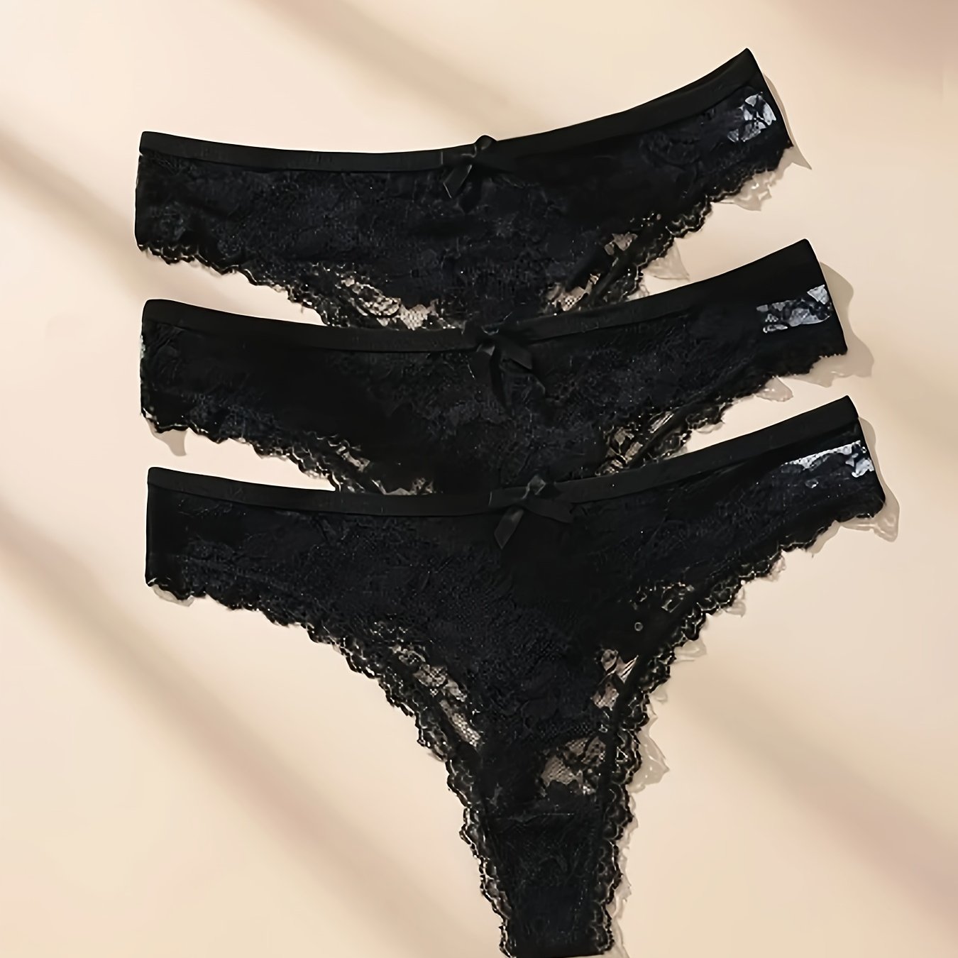 3pcs Simple Black Lace Sexy Bow Women's Underwear, Comfortable Lace Patterned Underwear