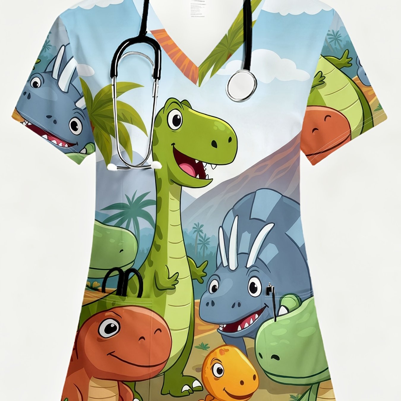 TEMU Elegant And Fashionable Women's Short-sleeve Uniform, V-neck Top, Ladies' Hand-washing Gown, Cartoon Dinosaur Paradise Matching Design. Trendy