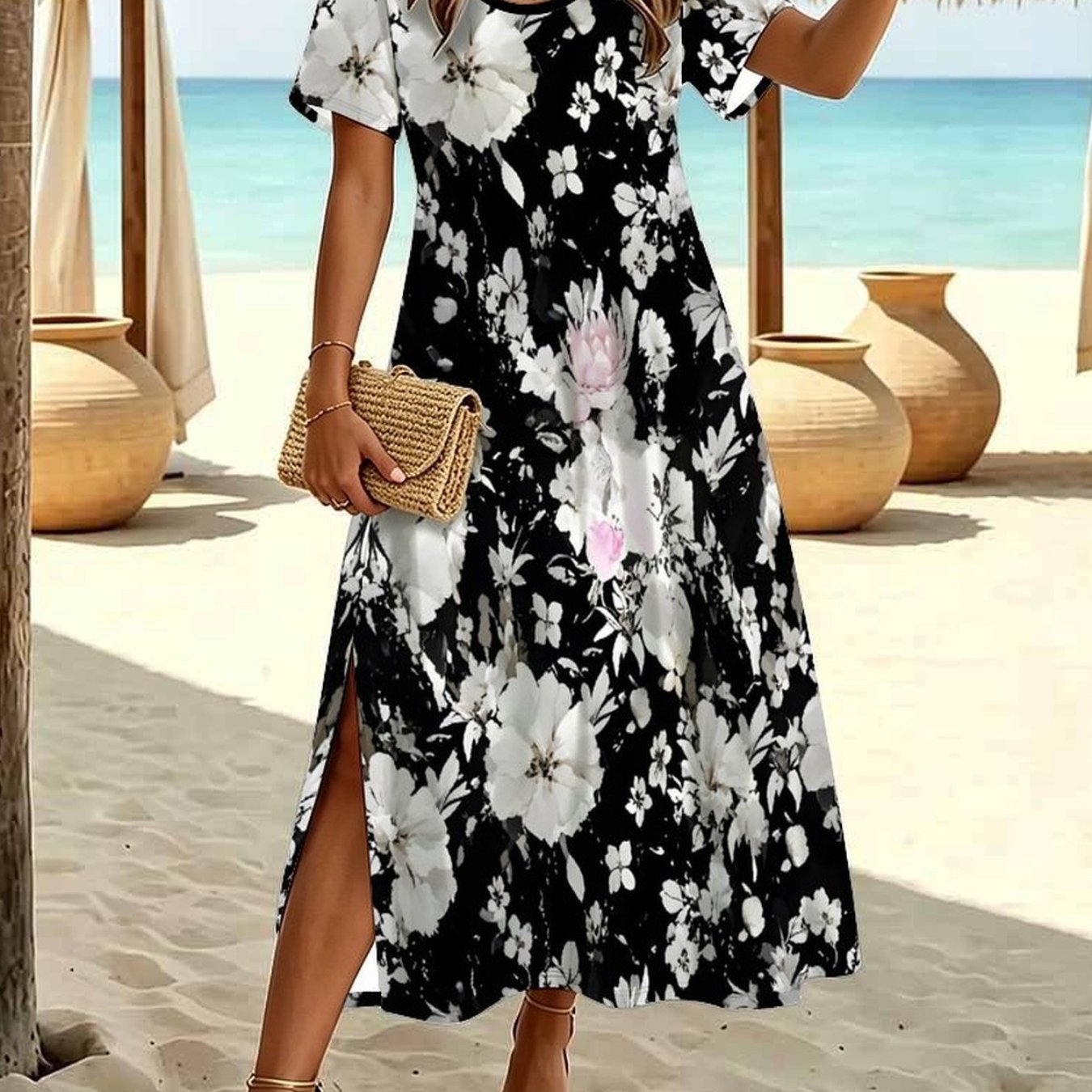 Plus Size Women's Summer Fashion Dress, Casual With Tiny Botanical Floral Print, Crew Neck Short Sleeve Split Hem Elegant Dress