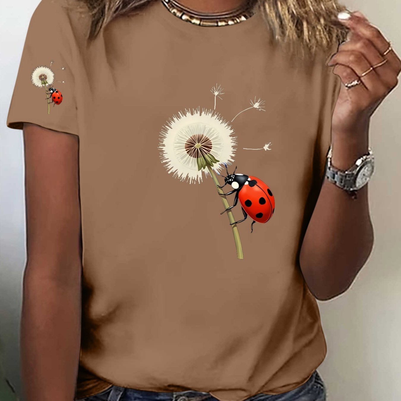 TEMU Women's Y2k Ladybug & Dandelion Print T-shirt - Round Neck Short Sleeve Blouse-compatible Top | Non- Casual Sporty Blouse Style Suitable For -