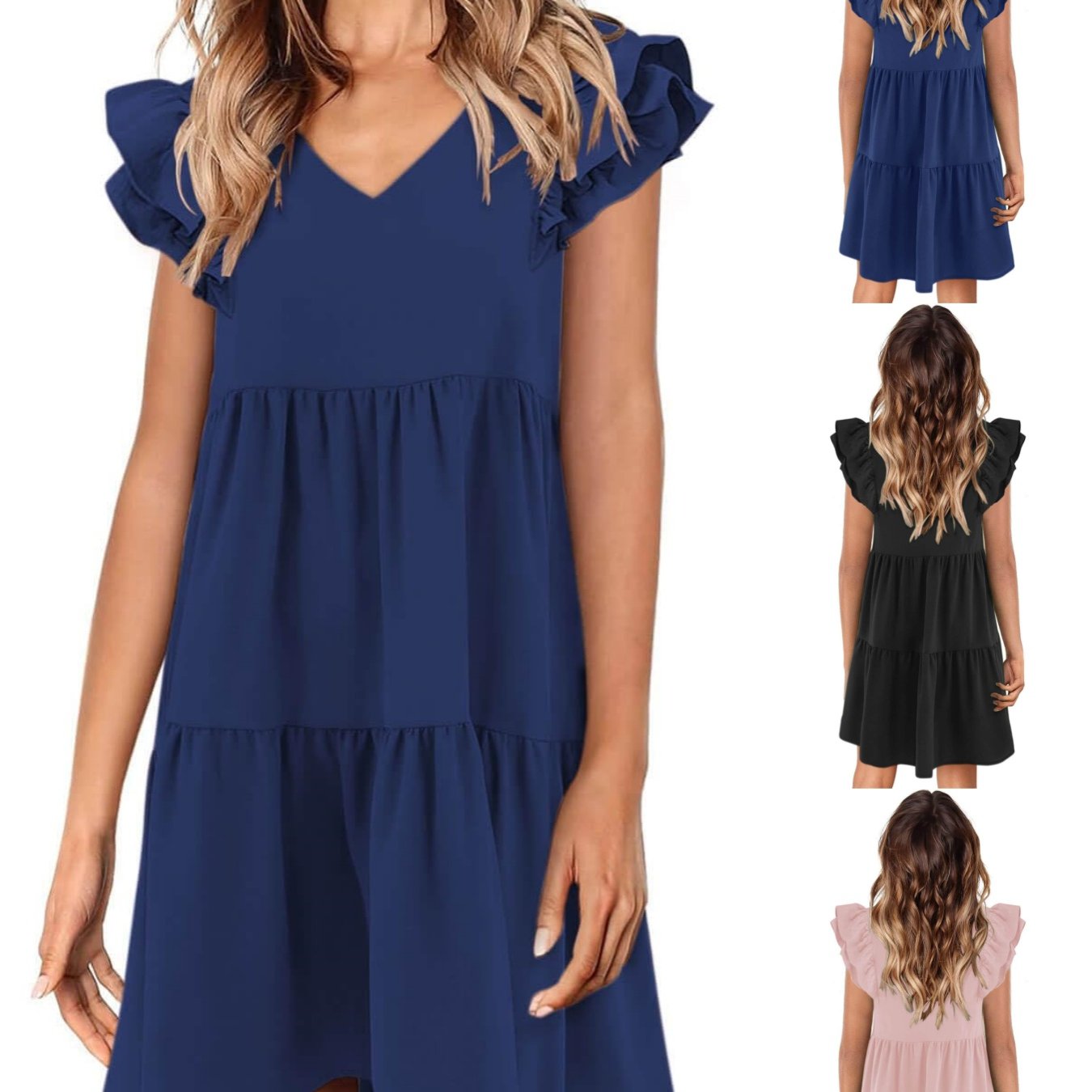 Women' Summer Babydoll Dresses 2026 Cute Ruffle Cap Sleeve V-neck Flowy Swing Mini Dress Sundress