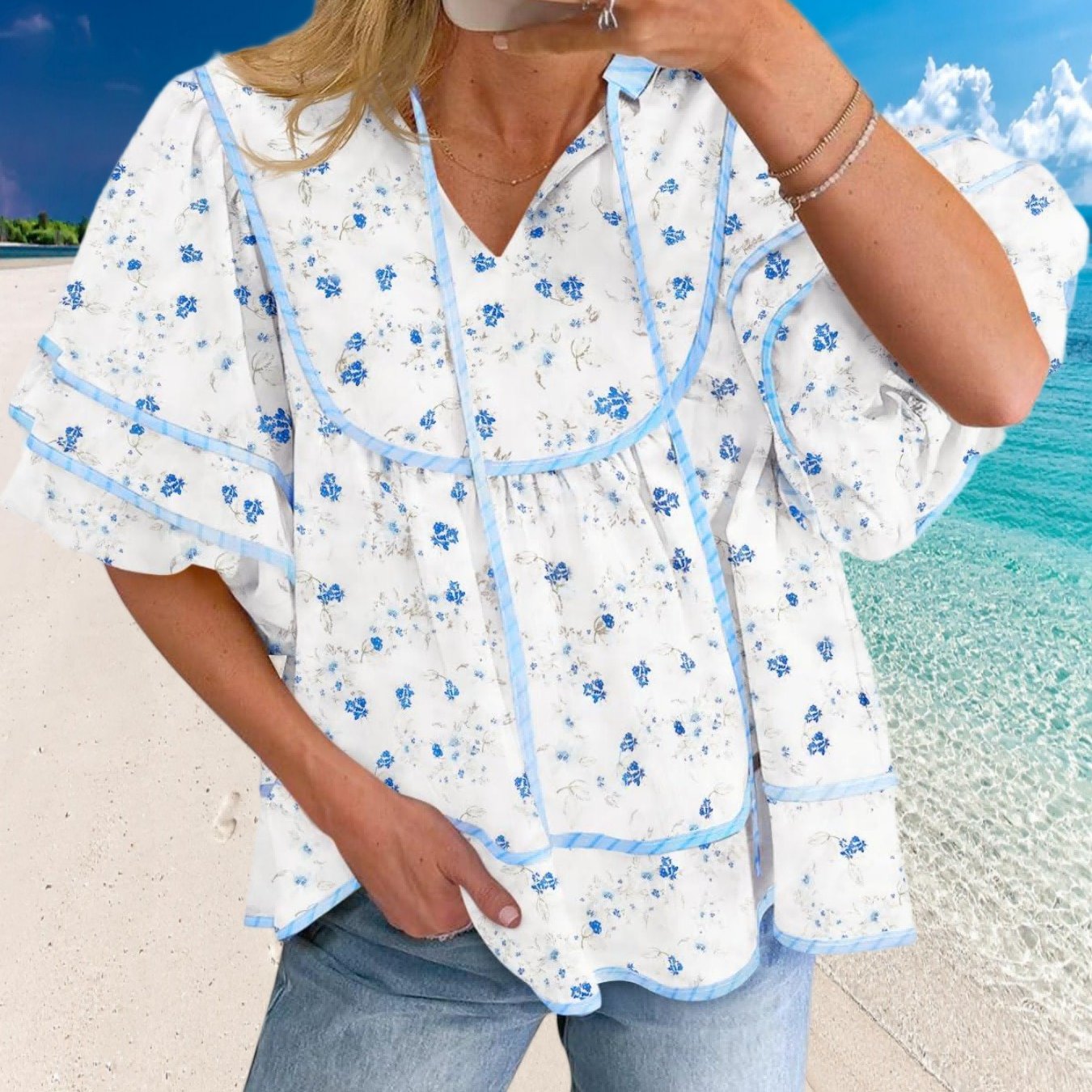 Women' Summer Floral Babydoll Tops V Neck Short Lantern Sleeve Shirts Cute Loose Fit Flowy Blouses