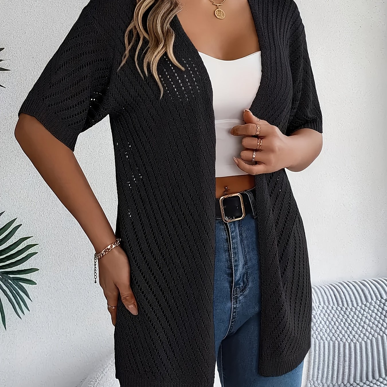 Plus Size - Plus Size - Women's Spring And Summer Hollow Short-sleeve Cardigan, A Breathable And Elegant Top