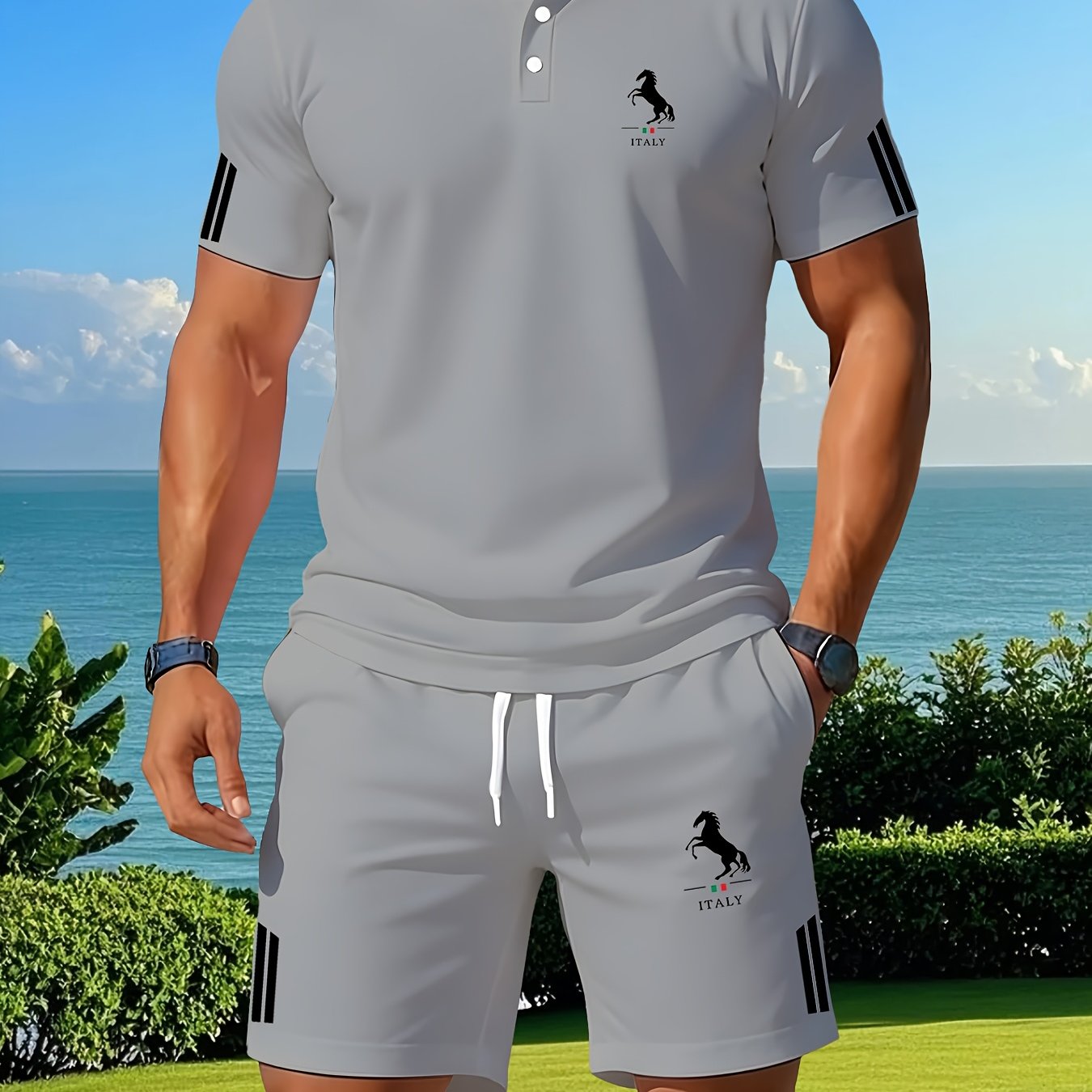 TEMU Summer Men's Shirt Set, Fashionable And Trendy With Feel, High-quality Men's Casual Wear For , Travel, Beach, Seaside, And Outdoor Sports,