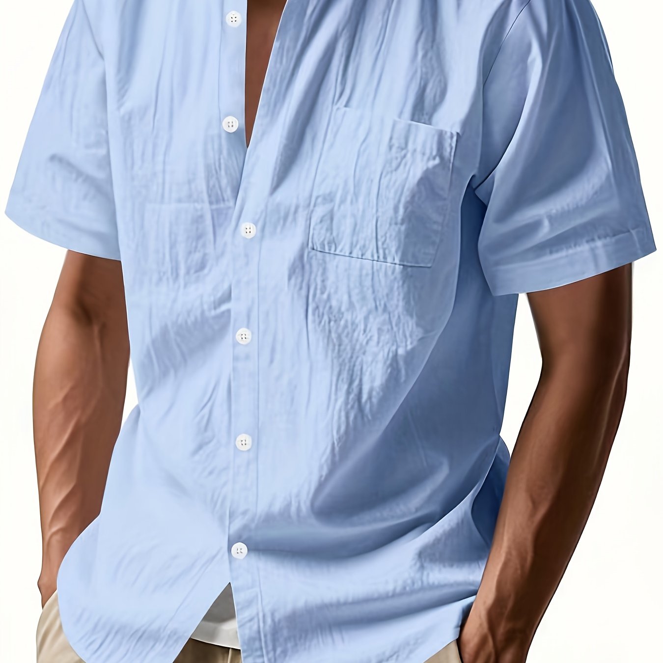 TEMU New Summer Linen Shirt For Men, Short Sleeve Loose Fit Thin Casual Hemp Blend Top, Trendy Thin Streetwear Brand White Linen Shirt