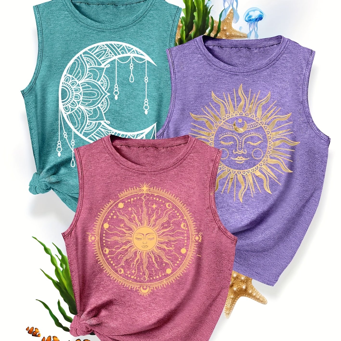 TEMU 3pcs Sister Set, Sun And Print, Fashionable, Simple, And Fresh, Spring/autumn Casual Sporty Style Top, Crew Neck Tank Top, Multiple Colors ,