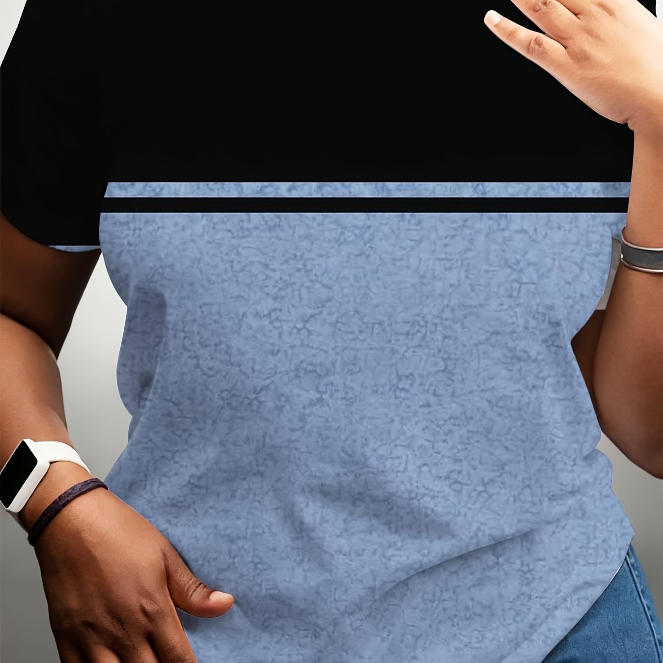 TEMU T-shirt With Black And Blue Solid Color Horizontal For Everyday Casual Wear