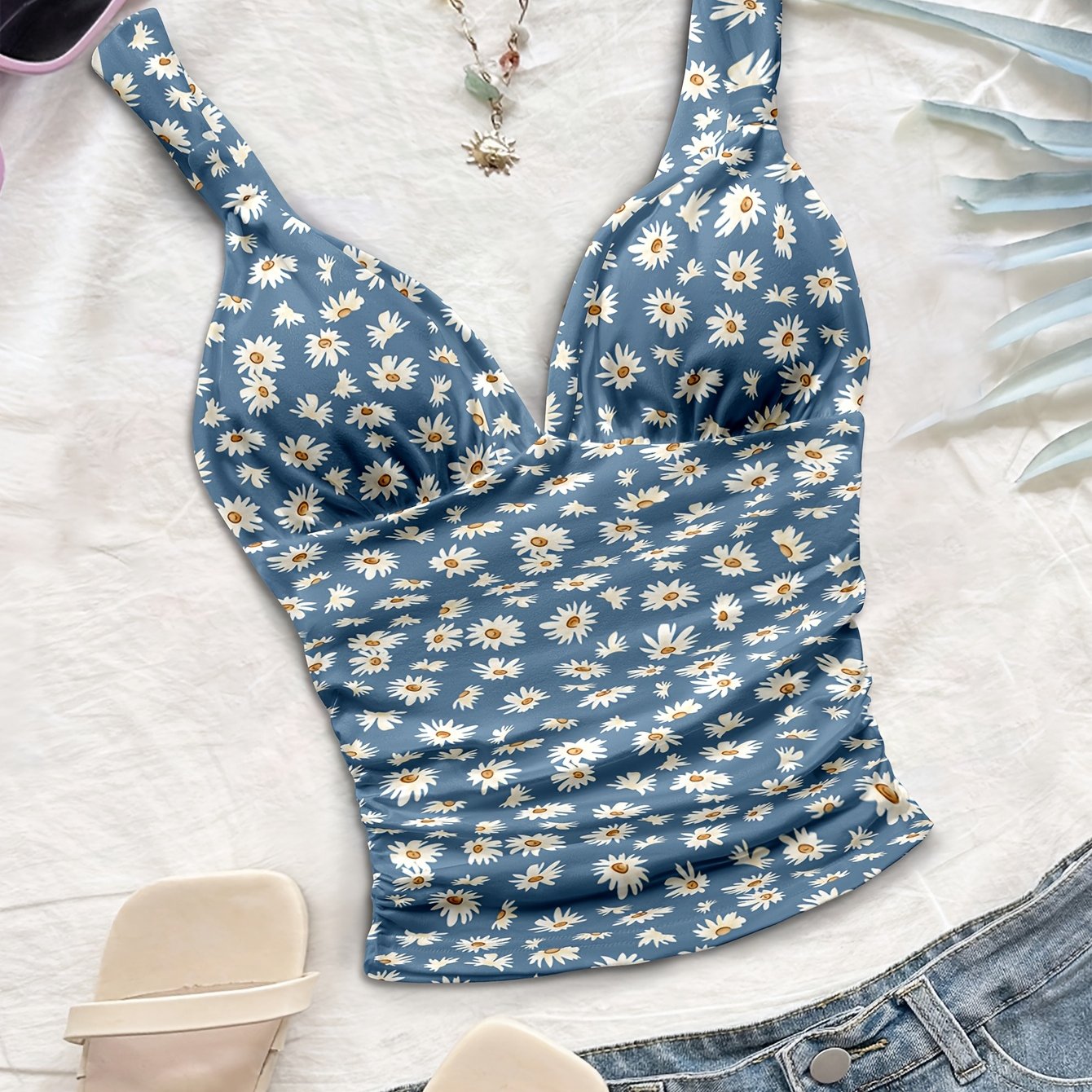 TEMU Haut bustier à bretelles halterine imprimé floral pour femmes - Nouveauté printemps/été/automne - Idéal pour plage, vacances et port