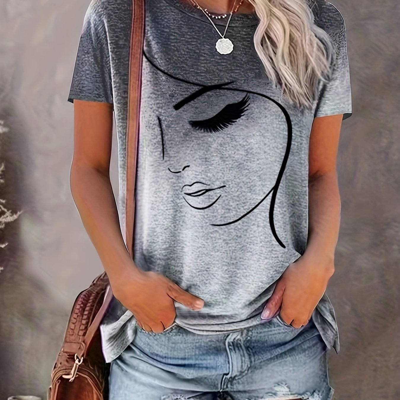 Image of 2d Printed Elegant Vacation Abstract Portrait Gradient Graphic Full-print Breathable Round-neck Short-sleeve T-shirt Casual Shirt Summer New Women's Short-sleeve Top