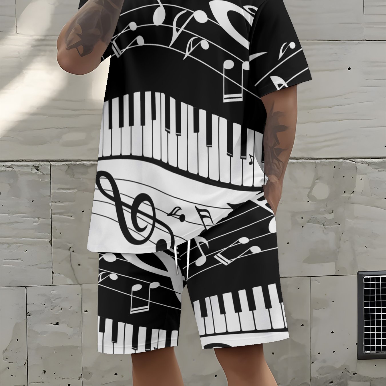 TEMU [new Arrival] Printed Design-not Textured 2d Printing Music Element Short-sleeve And Shorts Set Black White Piano Keys Notes Pattern Casual