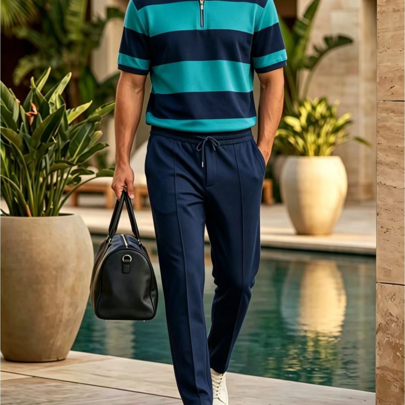 Image of Men's 2pcs Summer Men's Horizontal Stripe Half Zipper Stand Up Collar Short Sleeved Top+same Color Straight Leg Pants Light Luxury Casual Sports Set