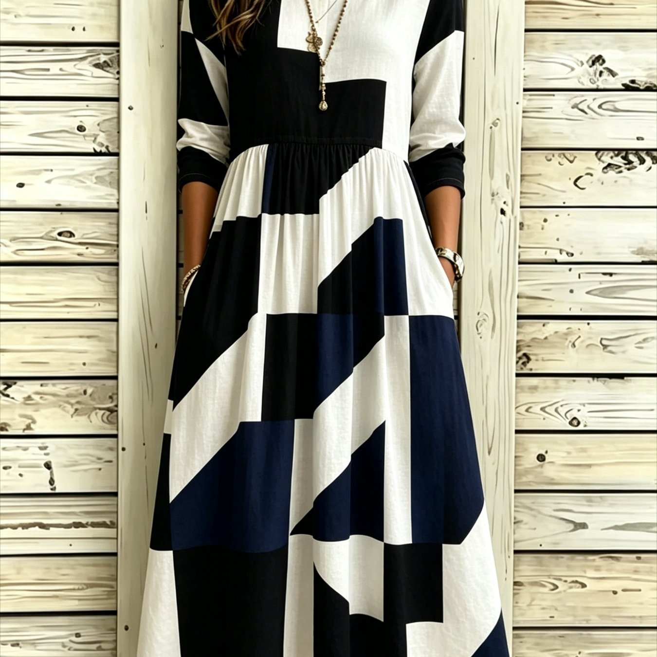 Image of Plus Size, Black White Navy Geometric Color Block -friendly Plus Size Women's 3/4 Sleeve Loose Midi Dress