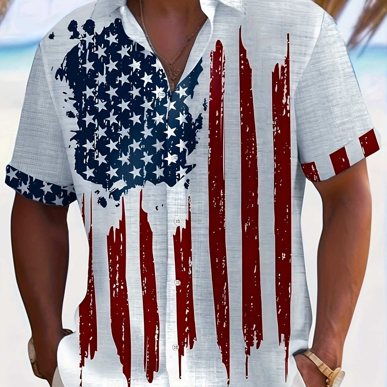 TEMU Men's American Flag Shirt Button- Short-sleeve T-shirt - Patriotic Red White & Suitable For Bbq Parties, Vacation Top, Breathable Loose Fit
