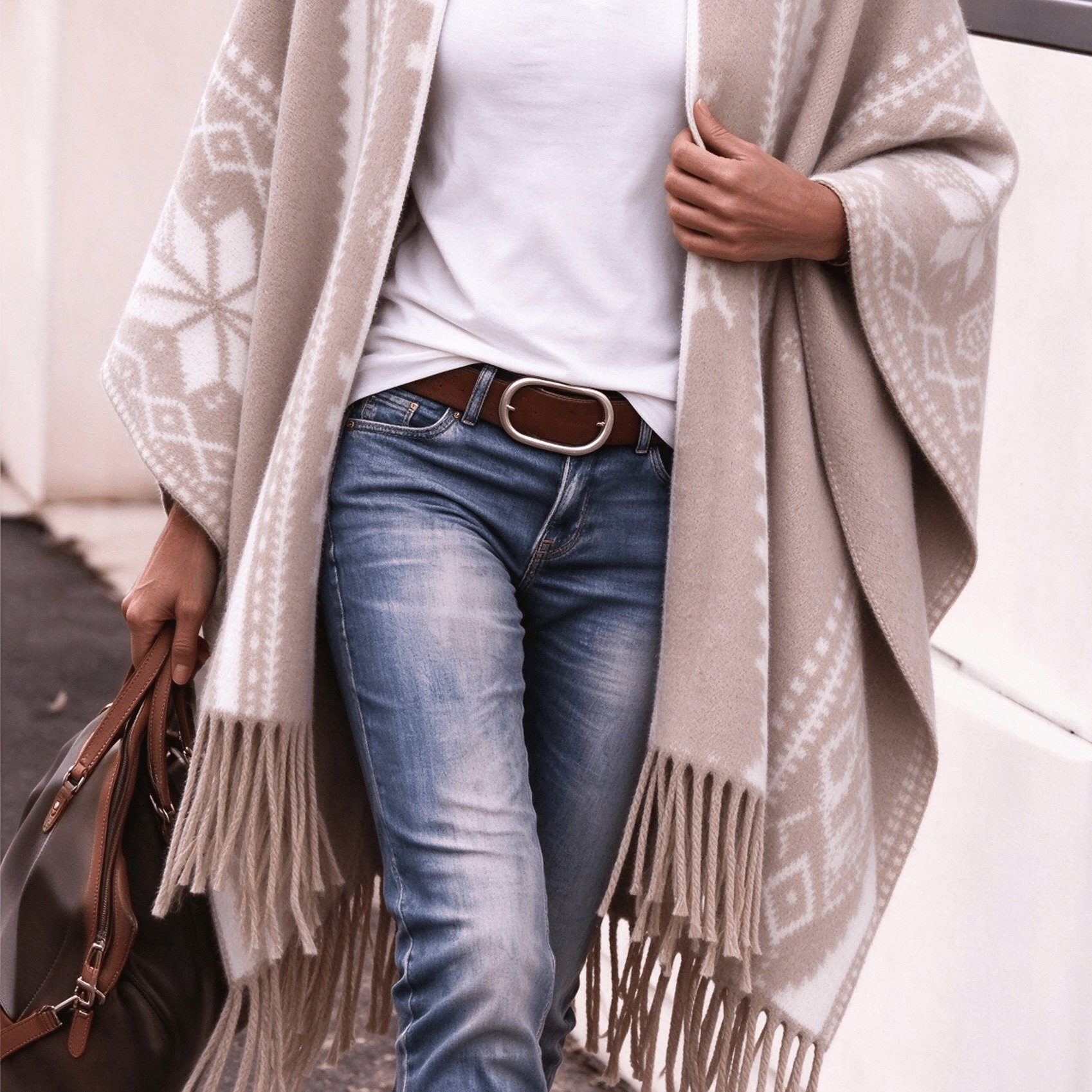 TEMU Femme Rétro Bohème Éthnique Géométrique Diamant Jacquard à Franges, Manteau Chaud, Robe de Plage, Vêtement de Plage pour Vacances aux Îles,