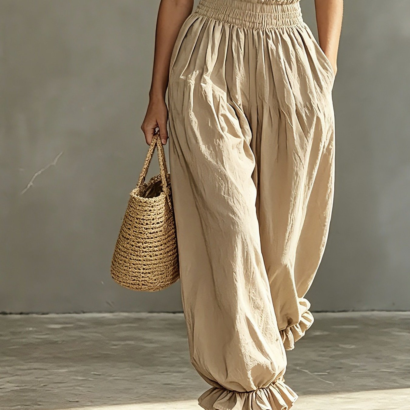 Image of High-waisted Straight Lantern Pants - Solid Color Trousers With Hem, Loose-fit Tapered Bottoms, Machine Washable Non-stretch Pants Suitable For Casual Summer Outfits, Office Wear & Wardrobe