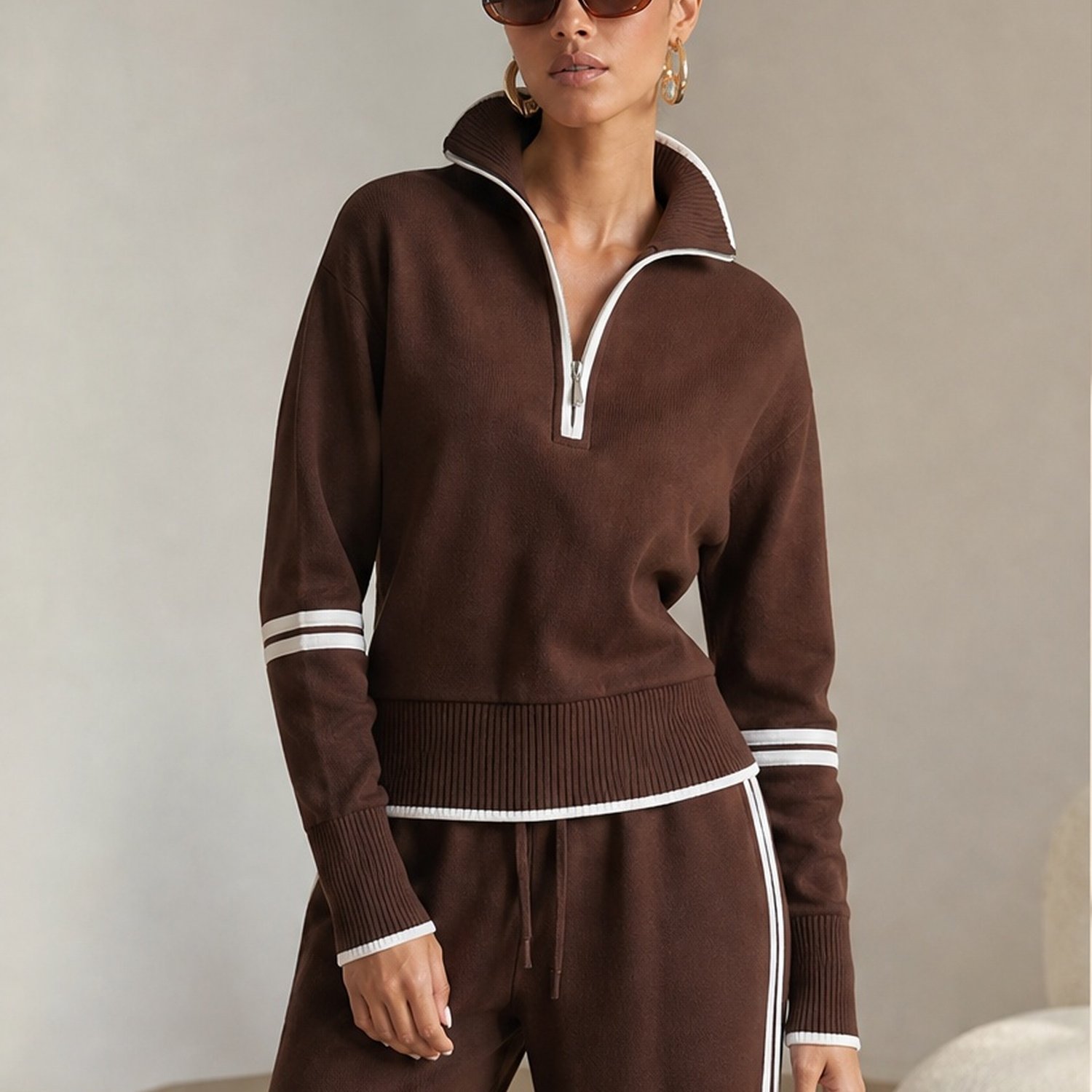 TEMU Women's 2pcs Sweatsuit Half Zip Stand Collar Pullover And Wide Leg Sweatpants Set Contrast Striped Tracksuit Athleisure Womens Fall Clothes
