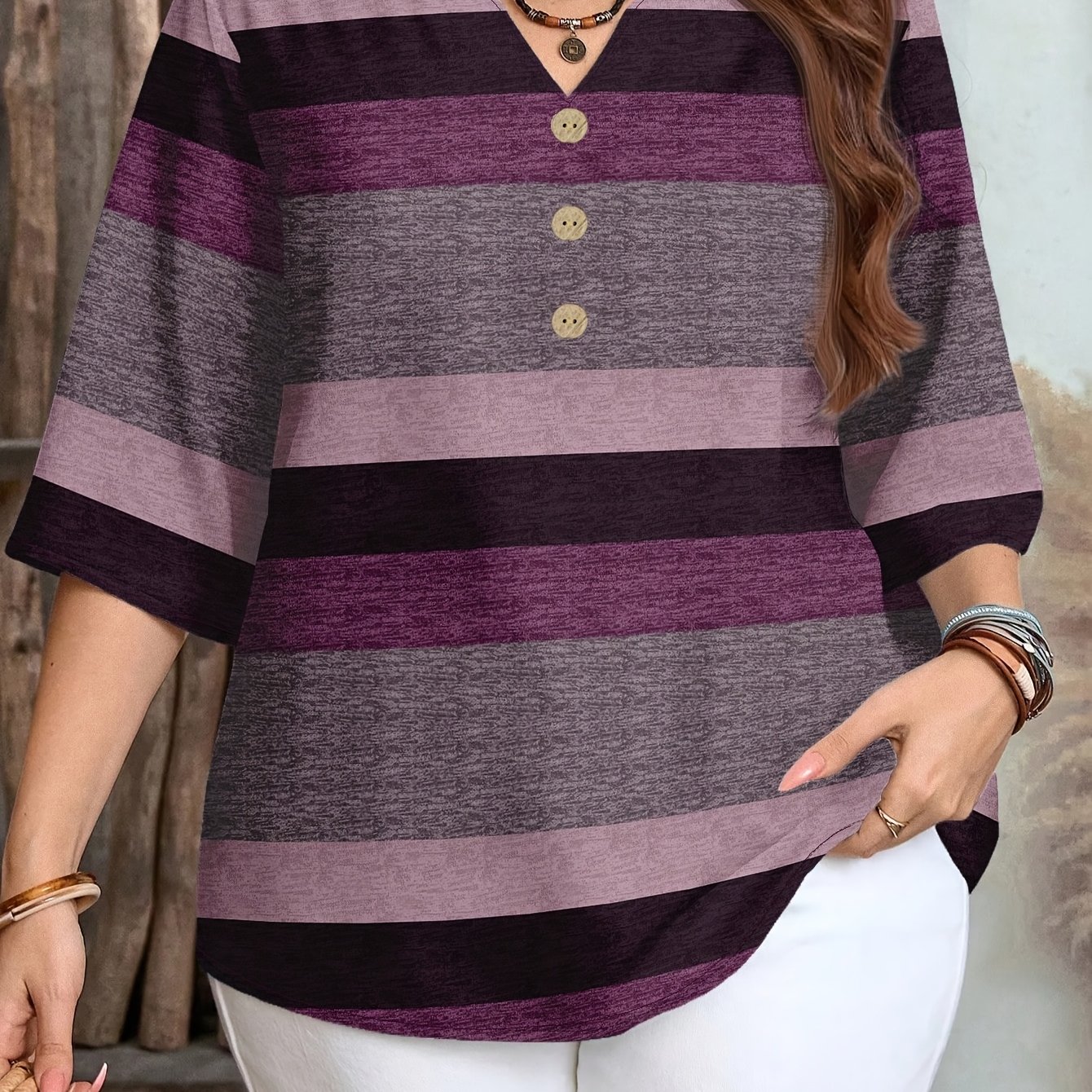 TEMU Plus Size - Plus Size - Plus Size Women's Elegant Contrast Striped -quarter Sleeve Blouse, Spring Summer V-neck Lightweight Loose Top,