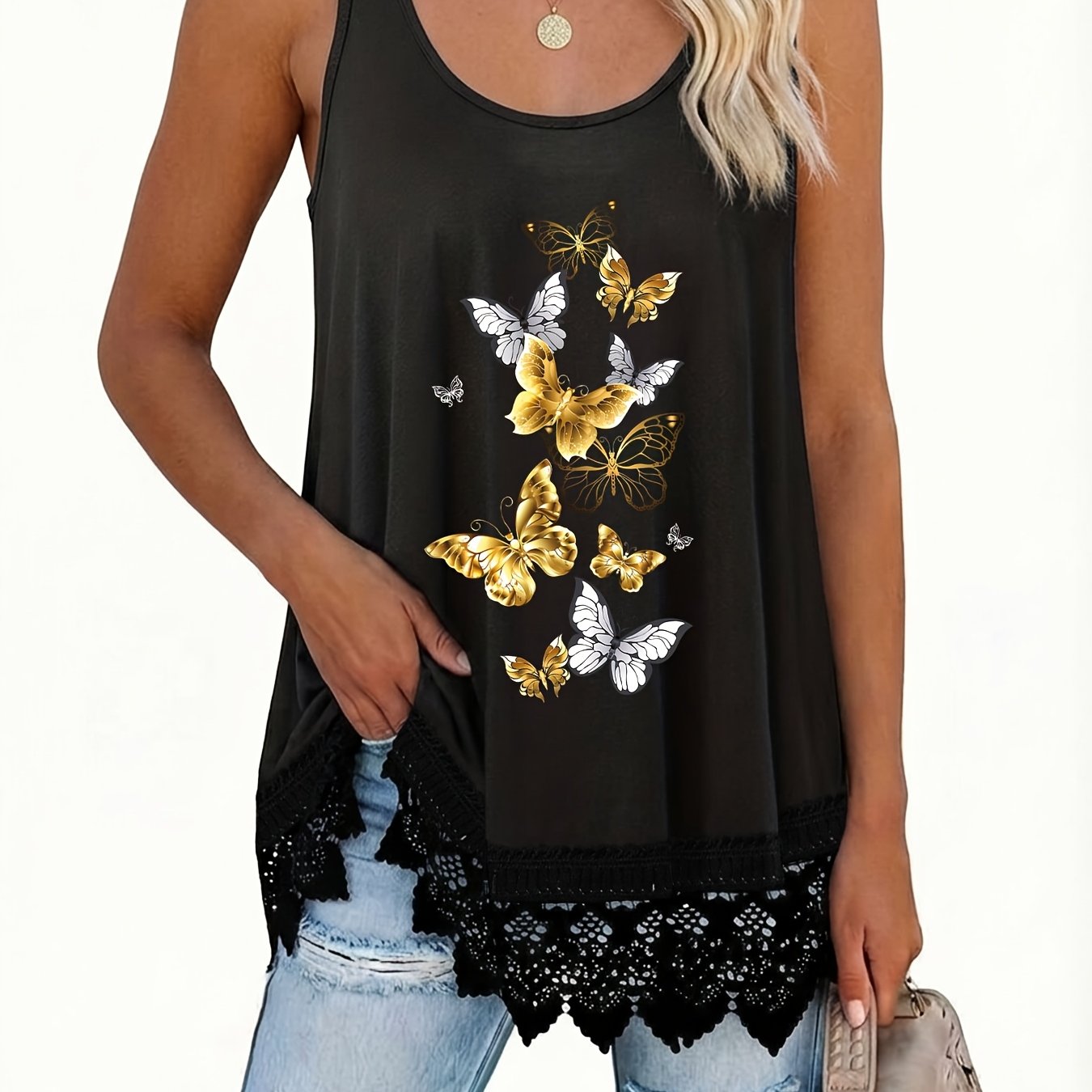 TEMU Plus Size, Plus Size Lace Trim Women's Round Neck Tank Top, Figure-flattering And, Top