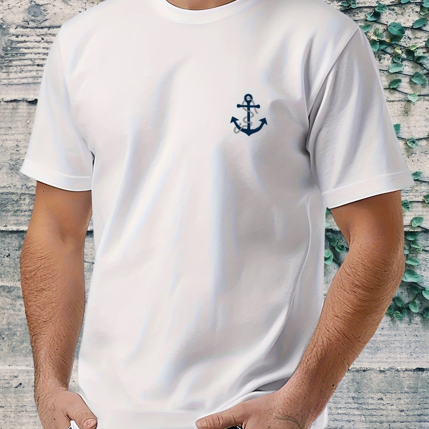 Men's Nautical Anchor & Navy Graphic T-shirt - Breathable, Short Sleeve Crew Neck Casual Summer Shirt With Blue Anchor Print For Beach, Yacht & Casual Attire - Machine Washable &