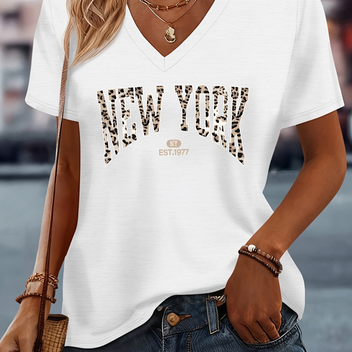 TEMU Leopard Print Letter Pattern Women's Spring And Summer Top, Casual And Comfortable, -neck Short-sleeve T-shirt