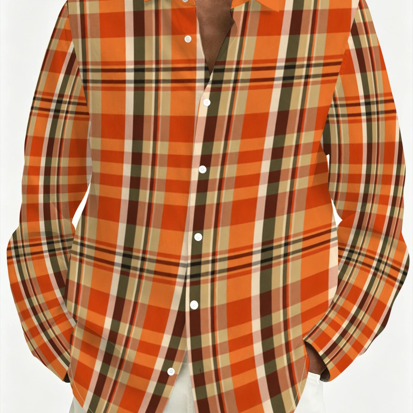 TEMU Plus Size Men's Long Sleeve Orange Striped Casual Shirt Top, Plus Size